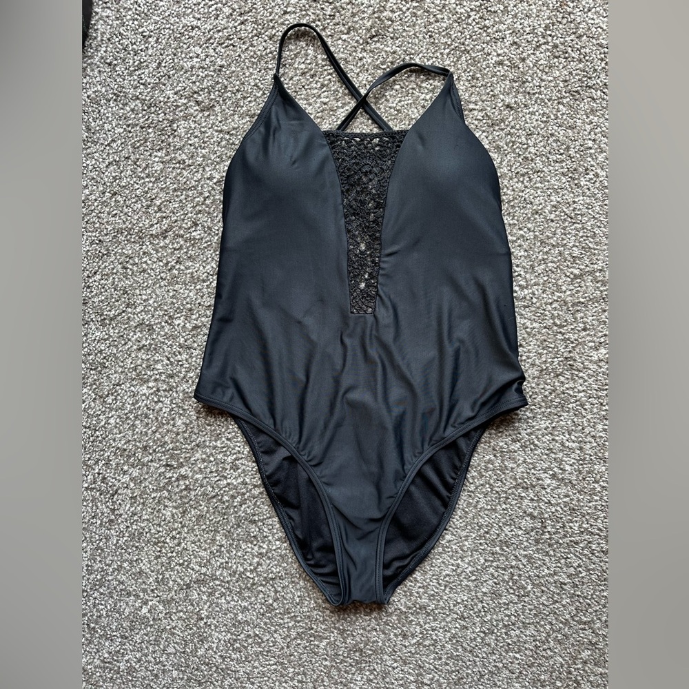 Xhilaration Black One-Piece Swimsuit with Knitted Design